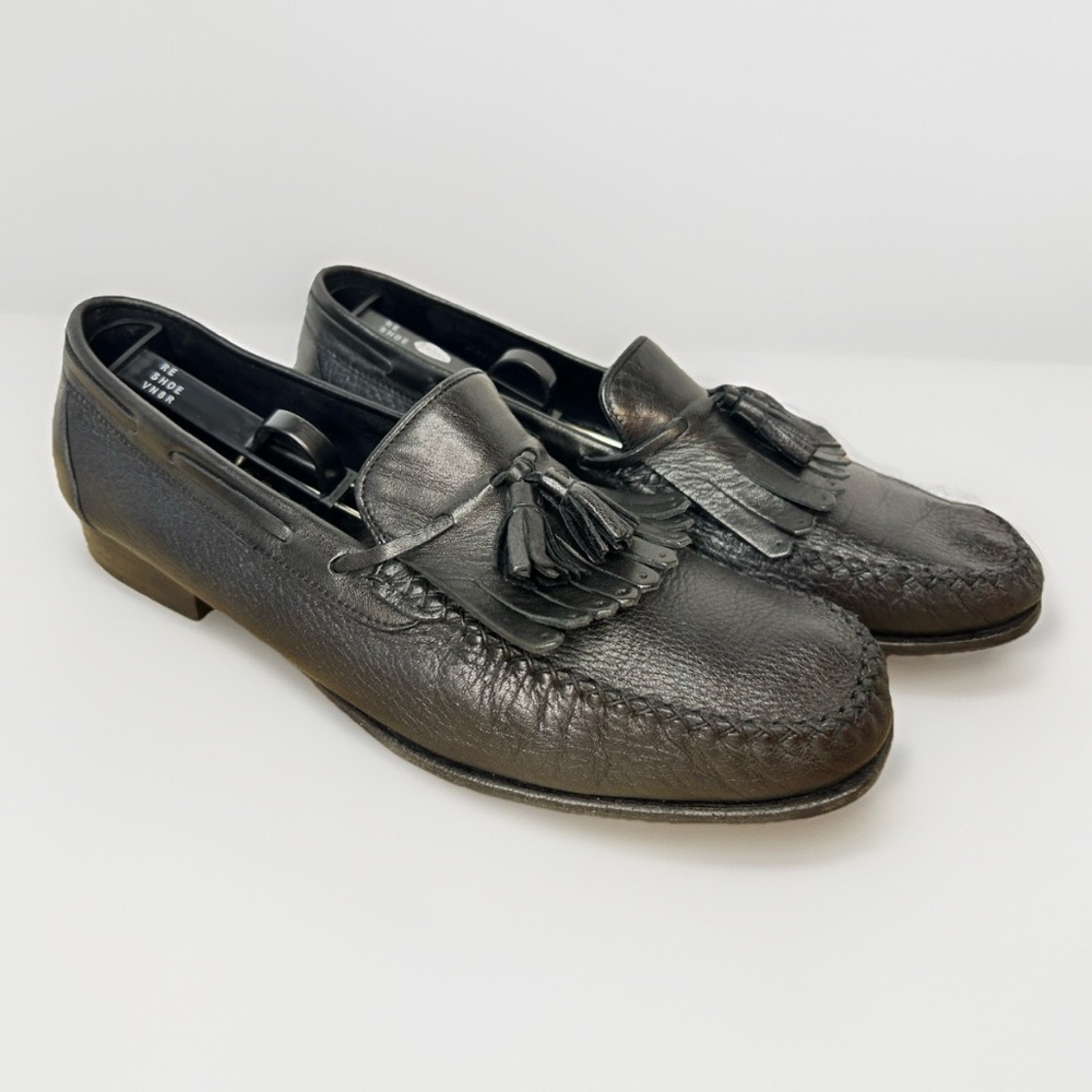 Vintage BALLY  “Cirasco” Black Italian Deerskin Leather Kiltie Loafers Size 10.5